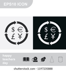 Finance currency exchange flat black and white vector icon. Yuan, dollar, euro, pound sterling money exchange.