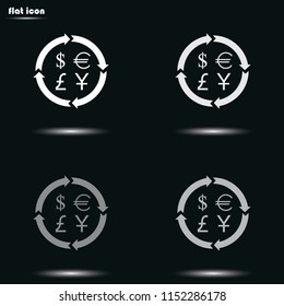 Finance currency exchange flat grayscale vector icon. Yuan, dollar, euro, pound sterling money exchange.