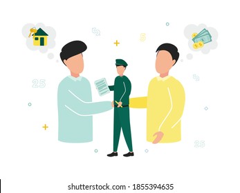 Finance. Customs Broker And Brokerage Services. Men Shake Hands, Near Them A House With A Key And Money, A Man In Uniform With A Document. Vector Illustration