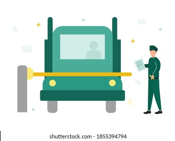 Finance. Customs Broker And Brokerage Services. Near The Barrier A Man In Uniform With A Document And A Lorry. Vector Illustration