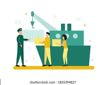 Finance. Customs Broker And Brokerage Services. Near The Ship, A Document Hangs On A Hook, People With Boxes And A Man In Uniform. Vector Illustration