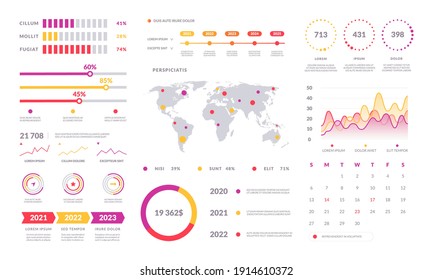 Panel de finanzas. Panel de administración de gráficos y gráficos, diseño de estadísticas financieras, información visual de barra de negocios. Conjunto de vectores