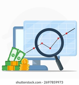 Concepto de análisis de datos financieros, gráfico de comercio de negocios en la pantalla de la computadora con pila de monedas y dinero en dólares. Plan de marketing de desarrollo contable.