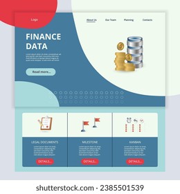 Finden Sie Daten flach Landing Page Website Vorlage. Rechtliche Dokumente, Meilenstein, Kanban. Webbanner mit Header, Inhalt und Fußzeile. Vektorgrafik.