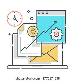 Finance and data related color line vector icon, illustration. The icon is about computer, mail, statistics, report, analytics, economy.