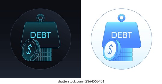 Finance debt, heavy credit burden. Coin pile, money stack with debt load weight. Tax arrears and unpaid money debt, bank credit. Debit indebtedness, mortgage payment arrears. Vector illustration set