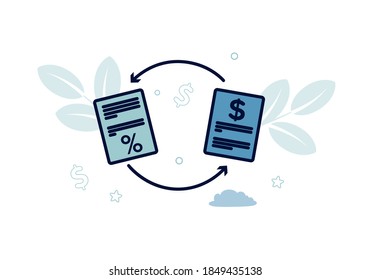 Finance. Debt Refinancing. Documents Between Arrows, With Percent And Dollar Icons, Debt Refinancing Inscription. Vector Illustration