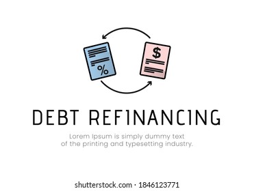 Finance. Debt Refinancing. Logo With Documents Between Arrows, With Percent And Dollar Icons, Debt Refinancing Inscription. Vector Illustration