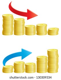 Finance decline. Two vector abstract graph with stacks of gold coins with  Dollar Sign