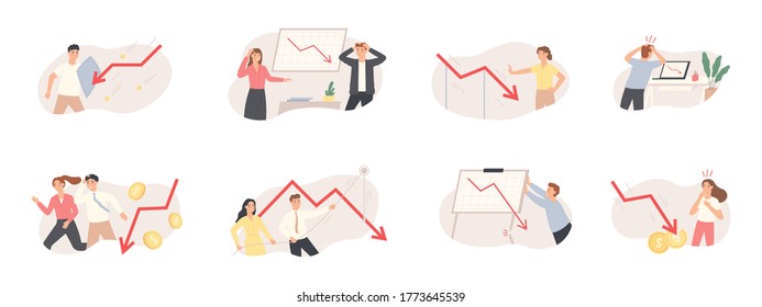 Finance Decrease And Crisis Graph. Falling Down Business Chart Arrow, Economic Budget Collapse, Market Risks And Panic People Vector Set. Business Problem And Economy Drop, Money Loss