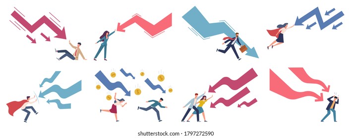 Finance decrease and crisis graph. Falling down business chart panic people try stopping falling arrow, business bankruptcy company startup collapse, risk management concept vector flat characters set