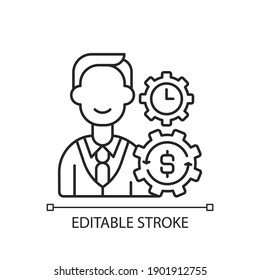 Finance department linear icon. Acquiring funds for company. Financial planning. Thin line customizable illustration. Contour symbol. Vector isolated outline drawing. Editable stroke