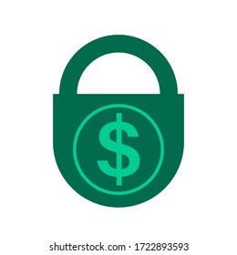 The finance deposit is kept under a padlock. Green icon with a dollar. Vector isolated illustration.