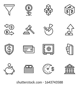 Iconos de diseño de finanzas establecidos. Iconos vectoriales de línea delgada para conceptos móviles y aplicaciones web. Iconos de primera calidad en estilo plano. Colección del logotipo del contorno negro de alta calidad