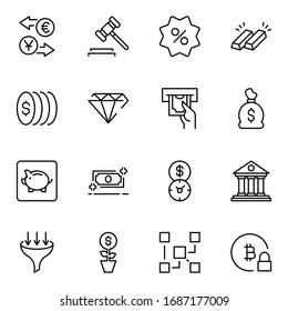 Iconos de diseño de finanzas establecidos. Iconos vectoriales de línea delgada para conceptos móviles y aplicaciones web. Iconos de primera calidad en estilo plano. Colección del logotipo del contorno negro de alta calidad