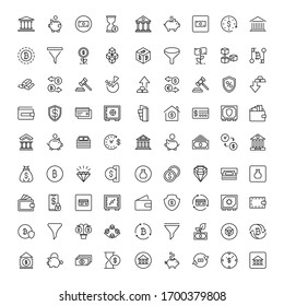 Iconos de diseño de finanzas establecidos. Iconos vectoriales de línea delgada para conceptos móviles y aplicaciones web. Iconos de primera calidad en estilo plano. Colección del logotipo del contorno negro de alta calidad