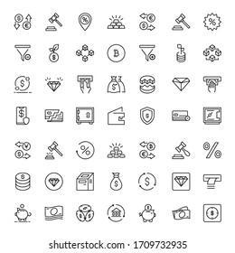Iconos de diseño de finanzas establecidos. Iconos vectoriales de línea delgada para conceptos móviles y aplicaciones web. Iconos de primera calidad en estilo plano. Colección del logotipo del contorno negro de alta calidad