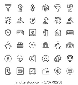 Iconos de diseño de finanzas establecidos. Iconos vectoriales de línea delgada para conceptos móviles y aplicaciones web. Iconos de primera calidad en estilo plano. Colección del logotipo del contorno negro de alta calidad
