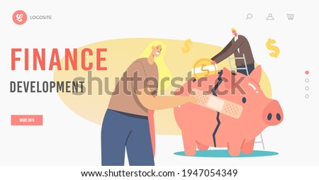 Finance Development Landing Page Template. Economic Recovery. Business People Characters Global Crisis. Woman Stick Patch on Broken Piggy Bank, Man Put Coin in Money Box. Cartoon Vector Illustration