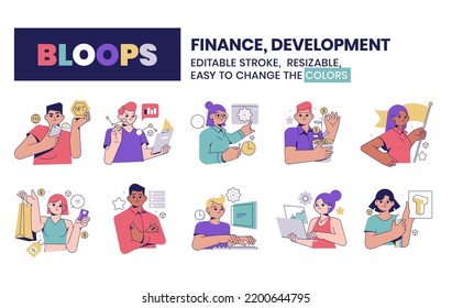 Finance and development related, bloop vector illustrations, concepts. Editable colors, up scalable.