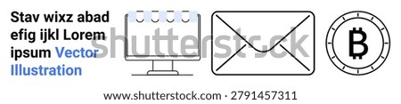 Finance, digital communication, cryptocurrency, technology, online services, data exchange. Computer screen, envelope crypto coin. Focus on finance and digital communication concepts