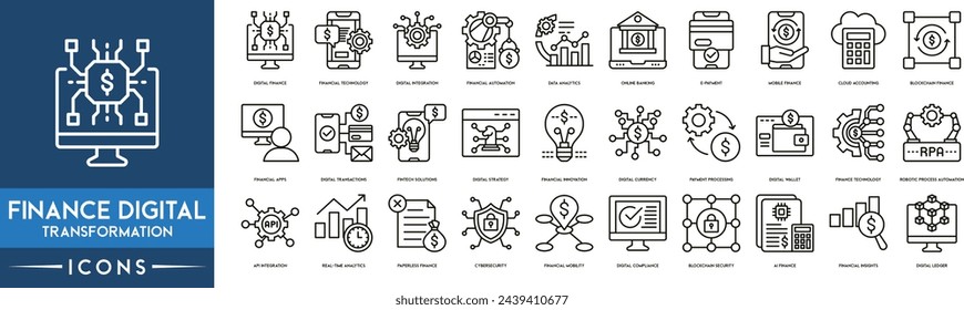 Finance Digital Tranformations icon. 
Digital Finance, Financial Technology, Digital Integration, Financial Automation, Data Analytics, Online Banking, E-payment, Mobile Finance and Cloud Accounting