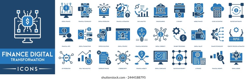 Finance Digital Tranformations icon. Digital Finance, Financial Technology, Digital Integration, Financial Automation, Data Analytics, Online Banking, E-payment, Mobile Finance and Cloud Accounting