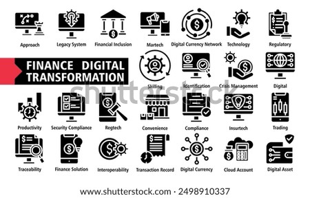 Finance Digital Transformation Web Icon Set Vector Illustration Concept of Approach, Legacy System, Financial Inclusion, Regulatory, Identification, Crisis Management, Finance Solution icons symbol