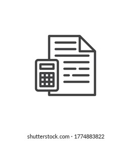 Icono de línea Documento de financiación y Calculadora. signo de estilo lineal para concepto móvil y diseño web. Icono del vector del esquema de contabilidad financiera. Símbolo, ilustración del logotipo. Gráficos vectoriales
