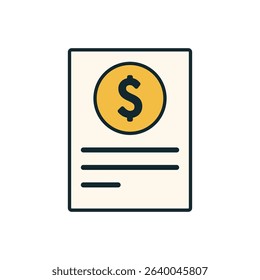 Finance Document Icon with Dollar Sign in Yellow Circle and Black Horizontal Text Lines