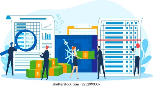 Finance document, money protection in safe, vector illustration. People character use safety service for flat business care.