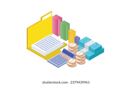 Finanzdokumente, Wirtschaftswissenschaften, Berechnungen und Analytik.auf weißem Hintergrund.3D-Design.isometrische Vektordesign-Illustration.