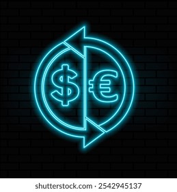 Finance Dollar Euro Neon Label. Vector Illustration of Business Promotion. blue color..