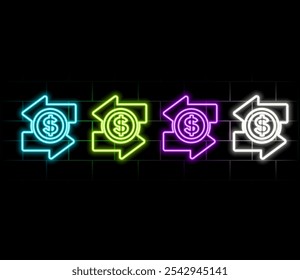 Finance Dollar Euro Neon Label. Vector Illustration of Business Promotion. purple color.