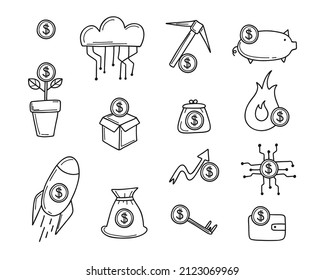 Finance doodle icon set. Business line symbols. Dollar sign, outline coins, exchange and groth wallet, investment and banking, vector isolated illustration