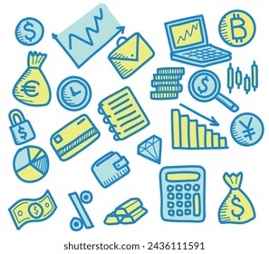 Finance doodle vector illustration line art blue