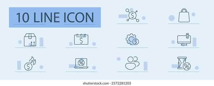 Finance and e-commerce set icon. Dollar network, shopping bag, package, calendar, savings, laptop, coins, users, efficiency, management