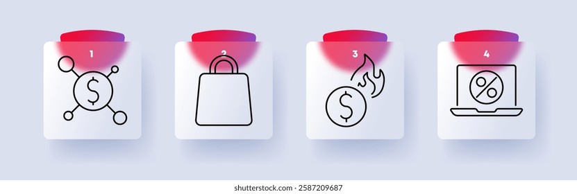 Finance and e-commerce set icon. Money network, shopping bag, financial crisis, online discount, investment, digital shopping, economic trends