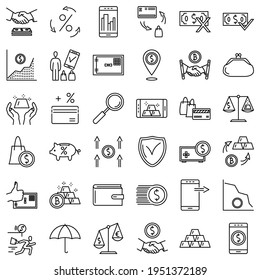 Finance, economics, banking - set of vector icons for web application. Isolated on white, thin line, Outline. Currency exchange, deposit protection, Internet payment.