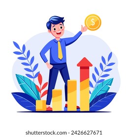 Finance and economics concept. A man analyzes data and points to a graph of financial growth. Vector illustration