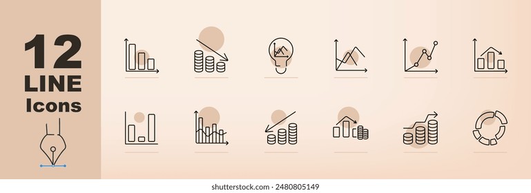 Finanz- und Wirtschaftslehre Symbol setzen. Balkendiagramm, Tortendiagramm, Liniendiagramm, Münzen, Dollarzeichen, Börse, Wachstum, Rückgang, Investitionen, Wirtschaft. Finanz- und Wirtschaftskonzept