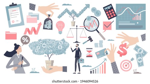 Finance and economy elements with money and stock market tiny person set. Business object collection with symbolic payment, accounting, profit and global market forecast diagram vector illustration.