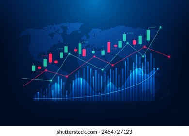 economía financiera gráfico crecimiento trading en el mapa global fondo azul. gráfico flecha mercado de valores arriba y abajo tecnología digital. dinero de inversión de negocios ganancia. Ilustración vectorial diseño fantástico.