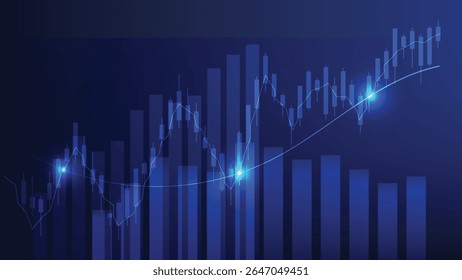 finance and economy growth. candlesticks stock market graph and bar chart on blue background 