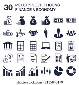 Finance And Economy Icon Set With Quality Vector Symbols For Financial Assets Management, Investing And Investor, Corporate Budget, Return On Investment And Profit, Charts And Graph.