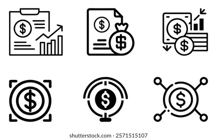 Finance and economy icons with dollar signs, Set of six black outline icons featuring financial reports, money symbols, charts, and analytics, representing economic concepts and growth.