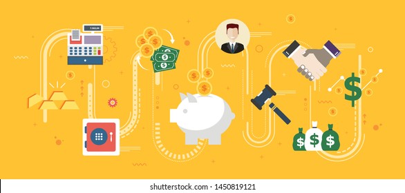 Finance and economy, investment, savings and business. Coin deposit in piggy bank, handshake between businessman. Safe, gold, cash register and money icons. Flat design vector illustration.