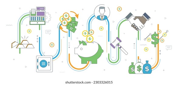 Finance and economy, investment, savings and business. Coin deposit in piggy bank, handshake between businessman. Safe, gold, cash register and money icons. Thin line flat vector illustration.