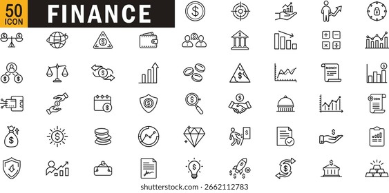 Symbolsatz für bearbeitbare Gliederungen im Finanzwesen. Banken, Geld, Investitionen, Buchhaltung, Gewinn, Geschäft und mehr.
