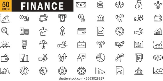 Conjunto de iconos de esquema editable de finanzas. Banca, inversión, dinero, contabilidad, negocios, criptomonedas y más.
